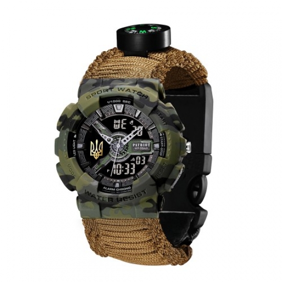 Годинник наручний Patriot 005 Тризуб золото Camo Green Паракордовий ремінець Khaki + Коробка.