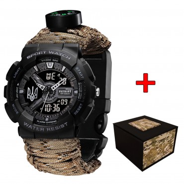 Patriot 005 Тризуб срібло Чорний Паракордовий ремінець Desert Camo + Коробка