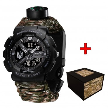 Patriot 005 Тризуб срібло Чорний Паракордовий ремінець Camo Green + Коробка.